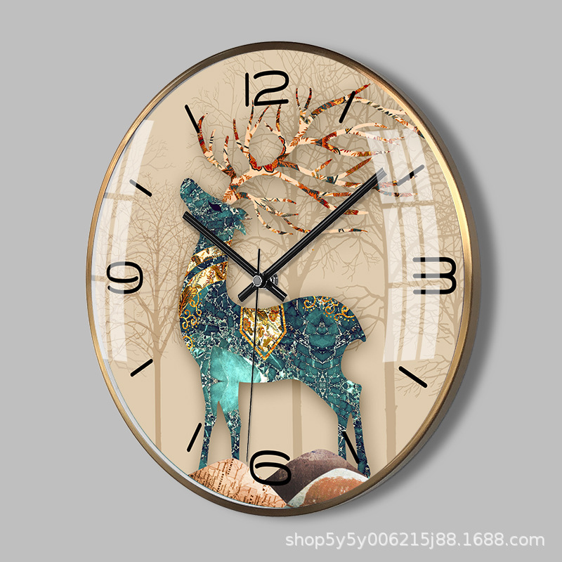 14-Inch Ultra-Thin Metal Light Luxury Elk New Chinese Style Living Room Home Noiseless Clock Wall Clock Quartz Clock Pocket Watch
