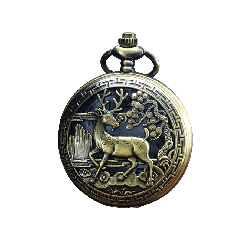 Boshiya New Hollow out Sika Deer Quartz Pocket Watch Retro Clamshell Pocket Watch Casual Clothing Metal Watch
