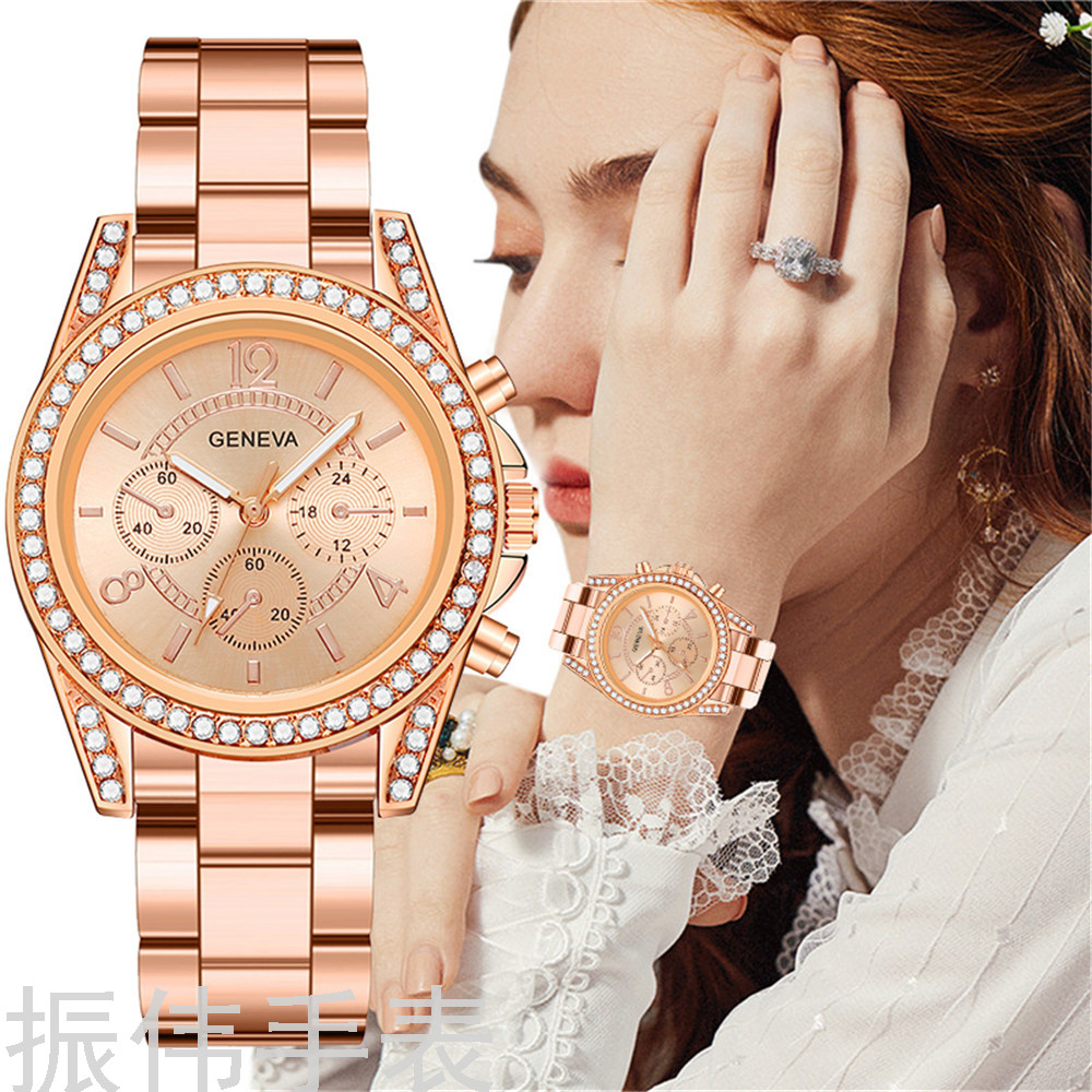 Geneva Diamond-Embedded Geneva Three-Eye Watch Women &#039;S Fashion Steel Belt Quartz Watch Gift Foreign Trade Popular Style Watch