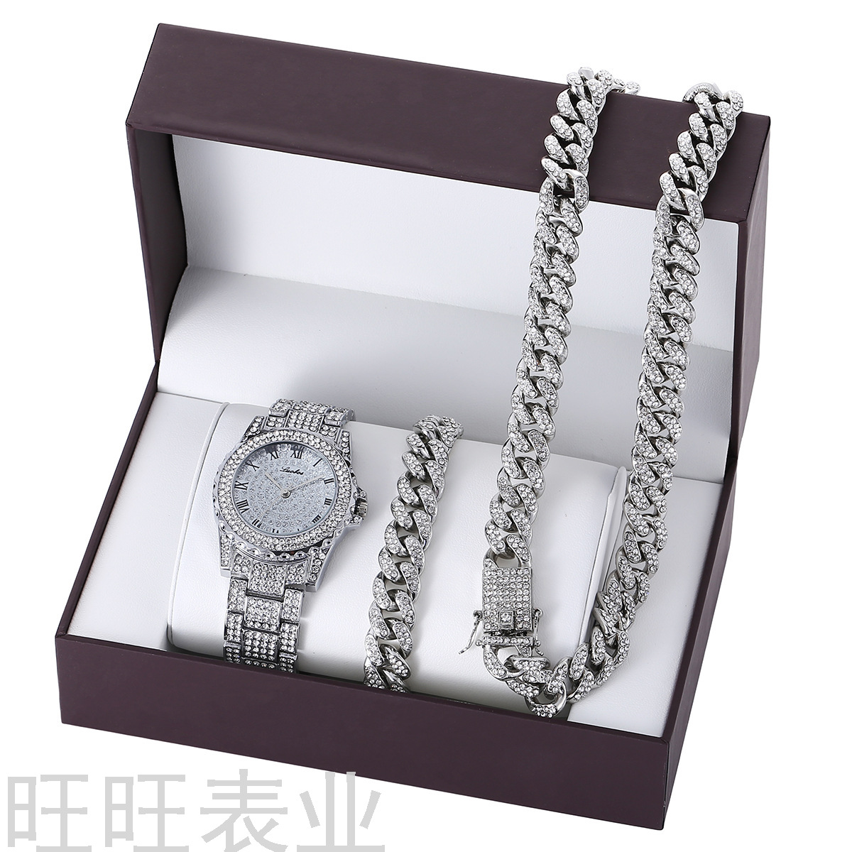 New Fashion Luxury Trendy Grace Full Diamond Diamond Steel Strap Quartz Watch Bracelet Necklace Set