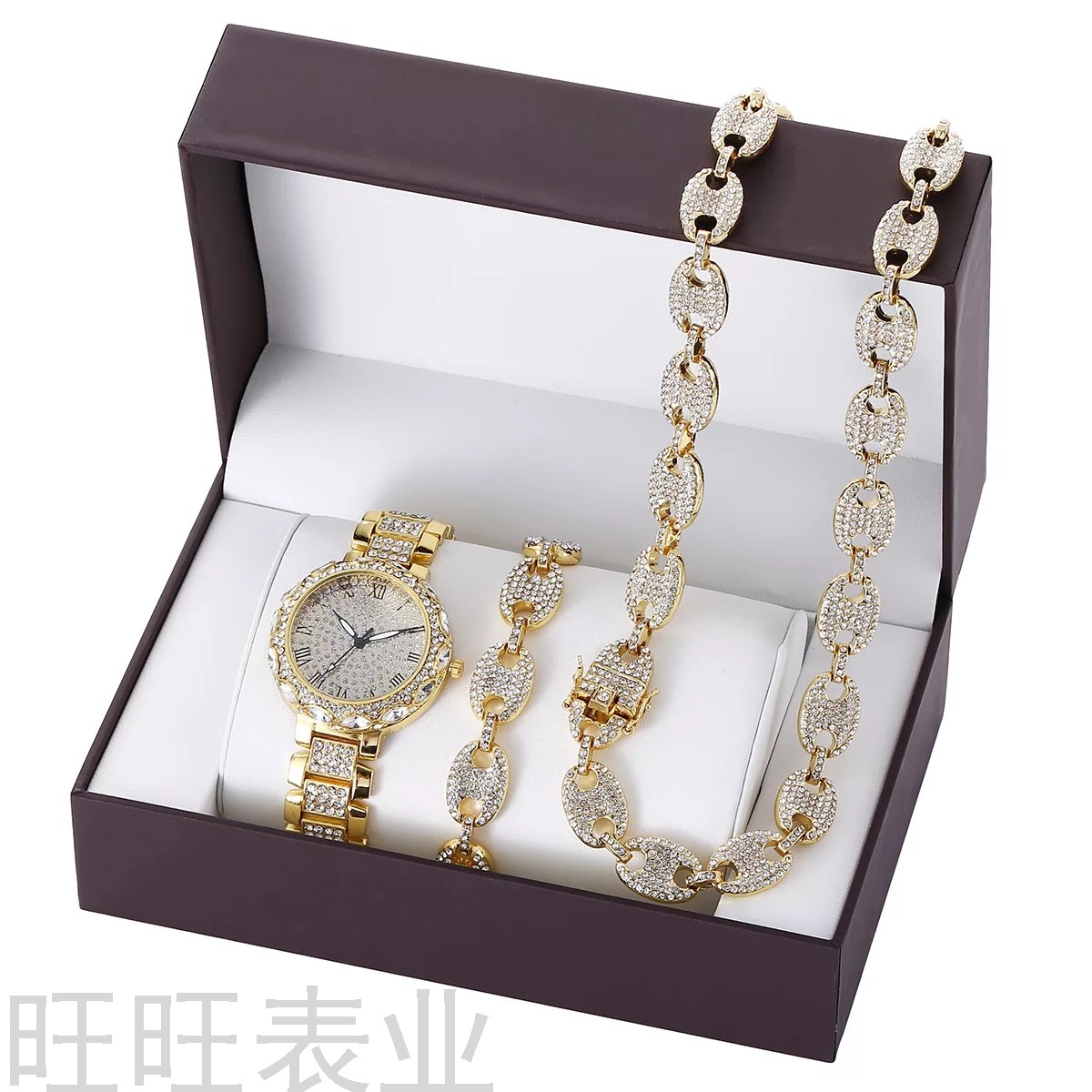 New Fashion Luxury Trendy Grace Full Diamond Diamond Steel Strap Quartz Watch Bracelet Necklace Set