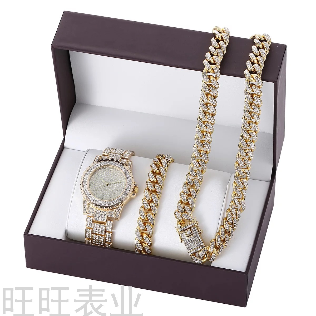 New Fashion Luxury Trendy Grace Full Diamond Diamond Steel Strap Quartz Watch Bracelet Necklace Set