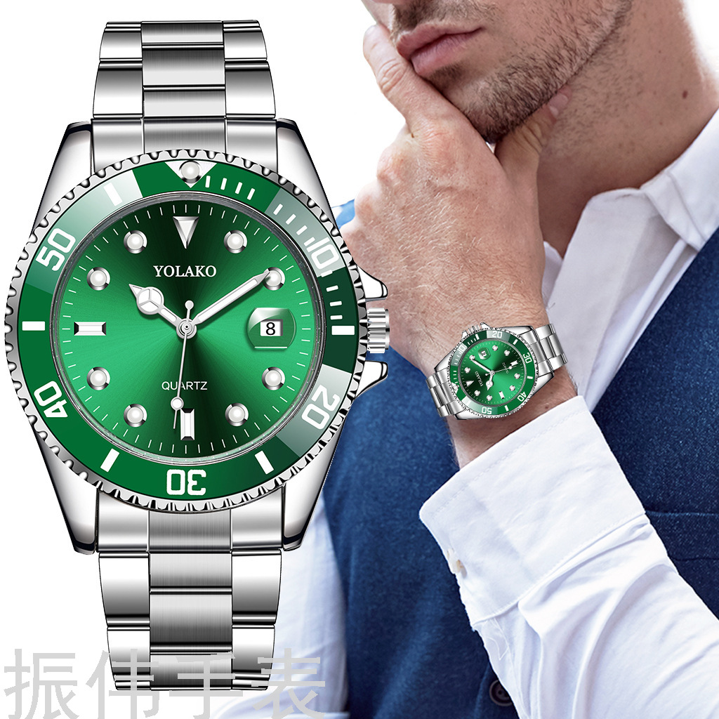 Yolako Popular Green Water Ghost Watch Men&#039;s Hot Sale Steel Belt Watch Band Calendar High-End Quartz Watch Men&#039;s Watch