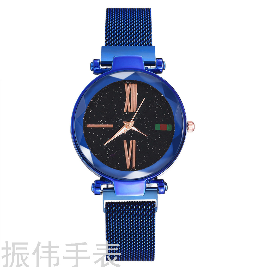 British Style Women&#039;s Roman Starry Quartz Watch Magnet Strap Green Red and Green Flag Pattern Magnet Watch