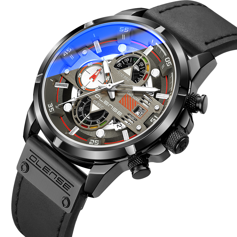 Sport Watch Oulongshi 2021 New Men&#039;s Sports Watch Watches Luminous Fashion Multi-Functional Quartz Leather Watch Strap