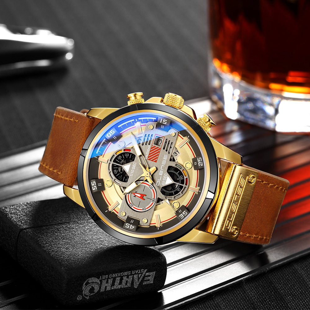 Sport Watch Oulongshi 2021 New Men&#039;s Sports Watch Watches Luminous Fashion Multi-Functional Quartz Leather Watch Strap