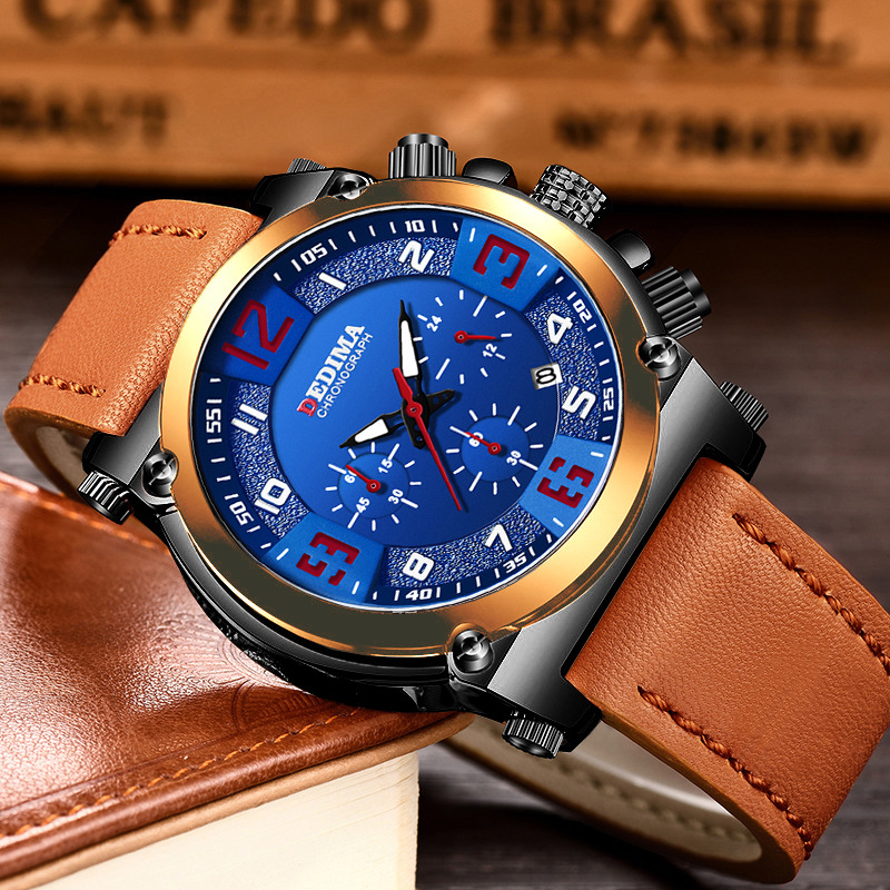 High-End Fashion Men&#039;s Three Eyes and Six Needles Multi-Functional Sports Leather Luminous Waterproof Watch Sport Watch
