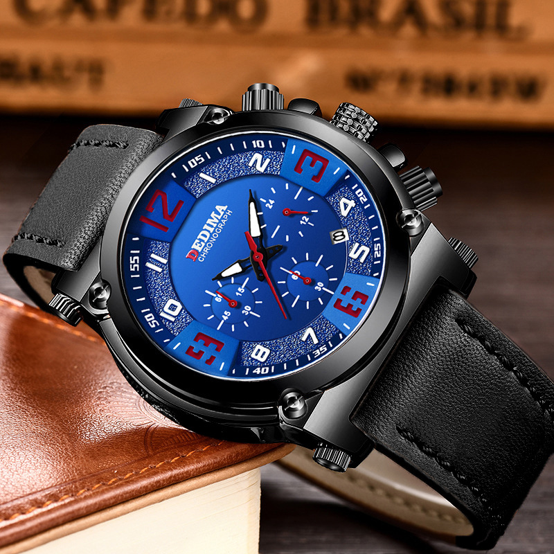 High-End Fashion Men&#039;s Three Eyes and Six Needles Multi-Functional Sports Leather Luminous Waterproof Watch Sport Watch