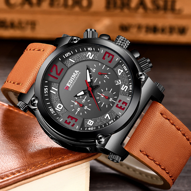 High-End Fashion Men&#039;s Three Eyes and Six Needles Multi-Functional Sports Leather Luminous Waterproof Watch Sport Watch