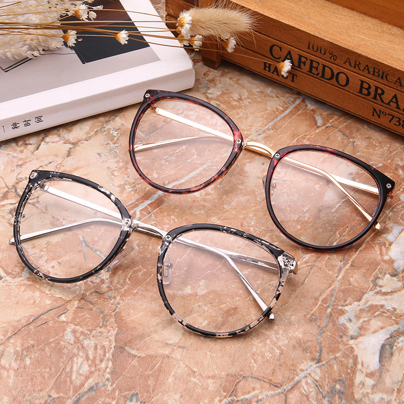 Transparent broken flower full package spectacle frame female round large frame flat lens Korean version retro optical glasses