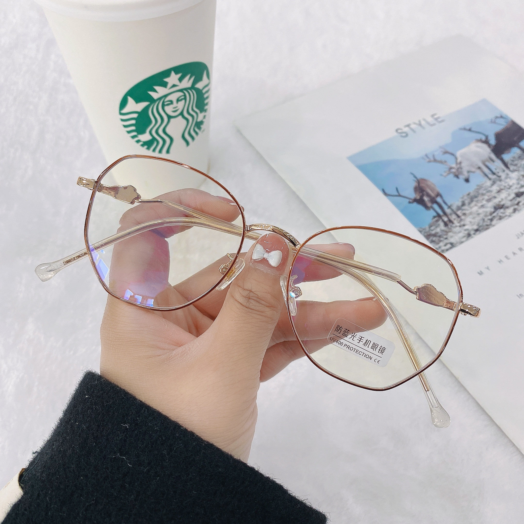 New Xiaohongshu Glasses Frame Korean Polygon Anti-Blue Light Plain Glasses for Bare Face with Myopic Glasses Option Factory Wholesale