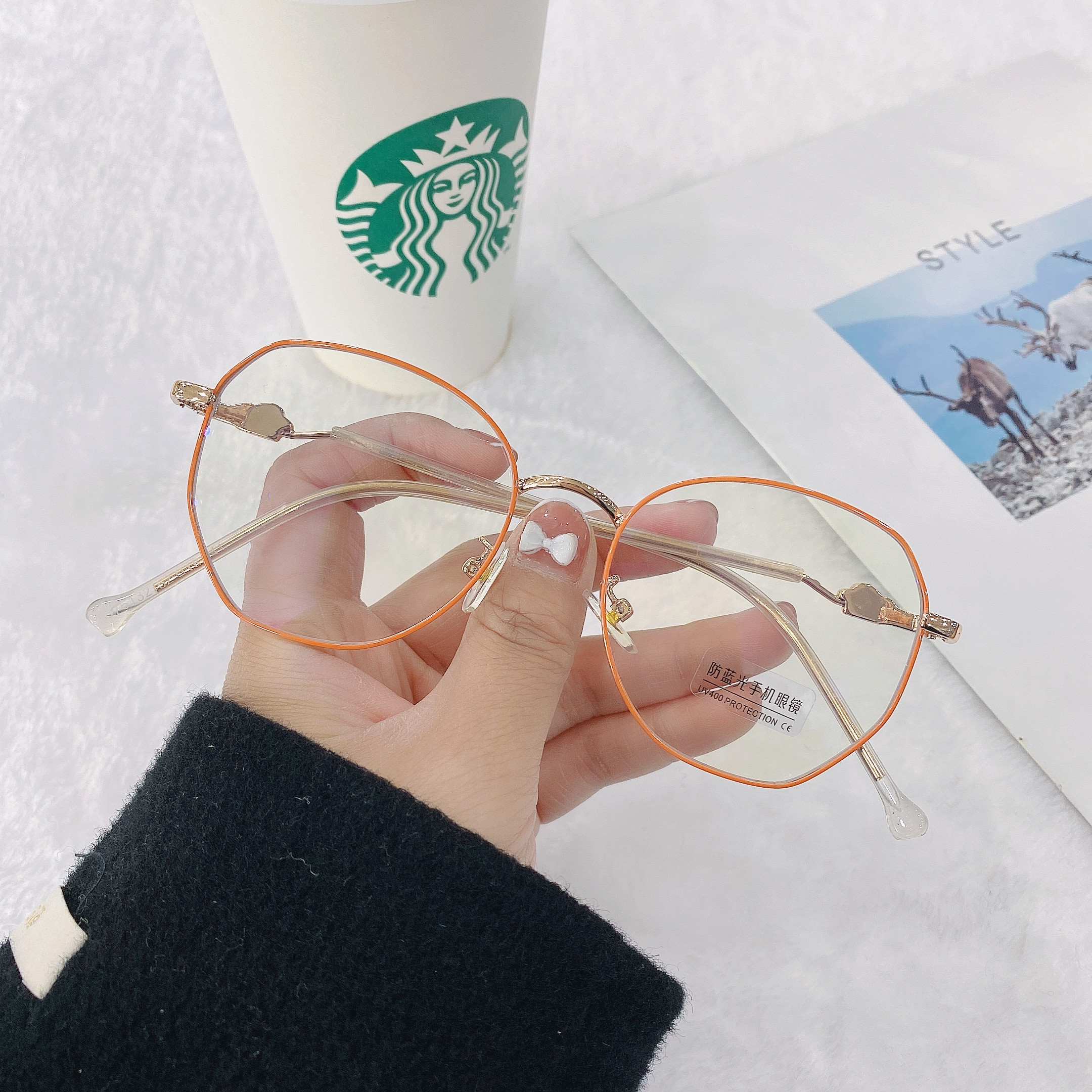 New Xiaohongshu Glasses Frame Korean Polygon Anti-Blue Light Plain Glasses for Bare Face with Myopic Glasses Option Factory Wholesale