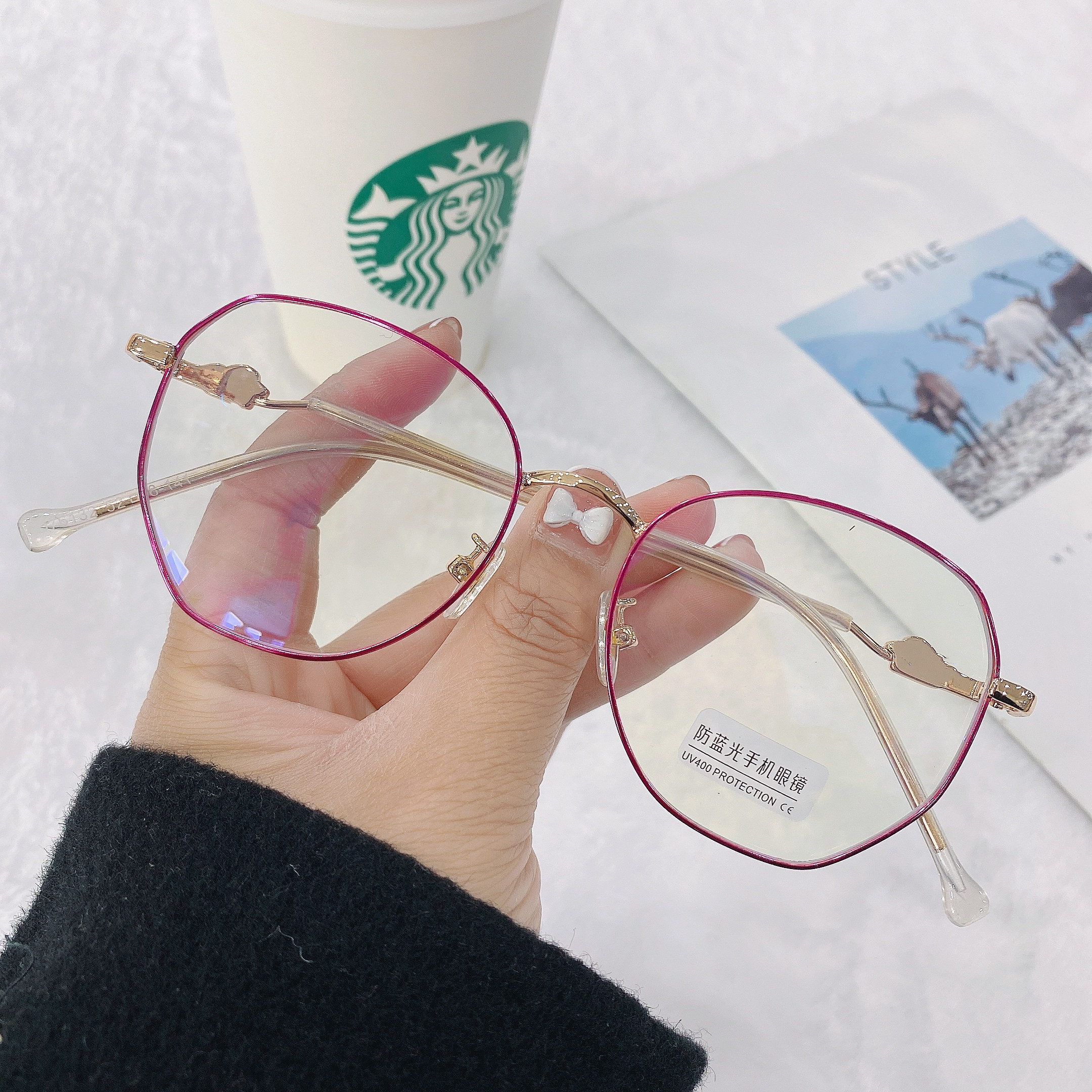 New Xiaohongshu Glasses Frame Korean Polygon Anti-Blue Light Plain Glasses for Bare Face with Myopic Glasses Option Factory Wholesale