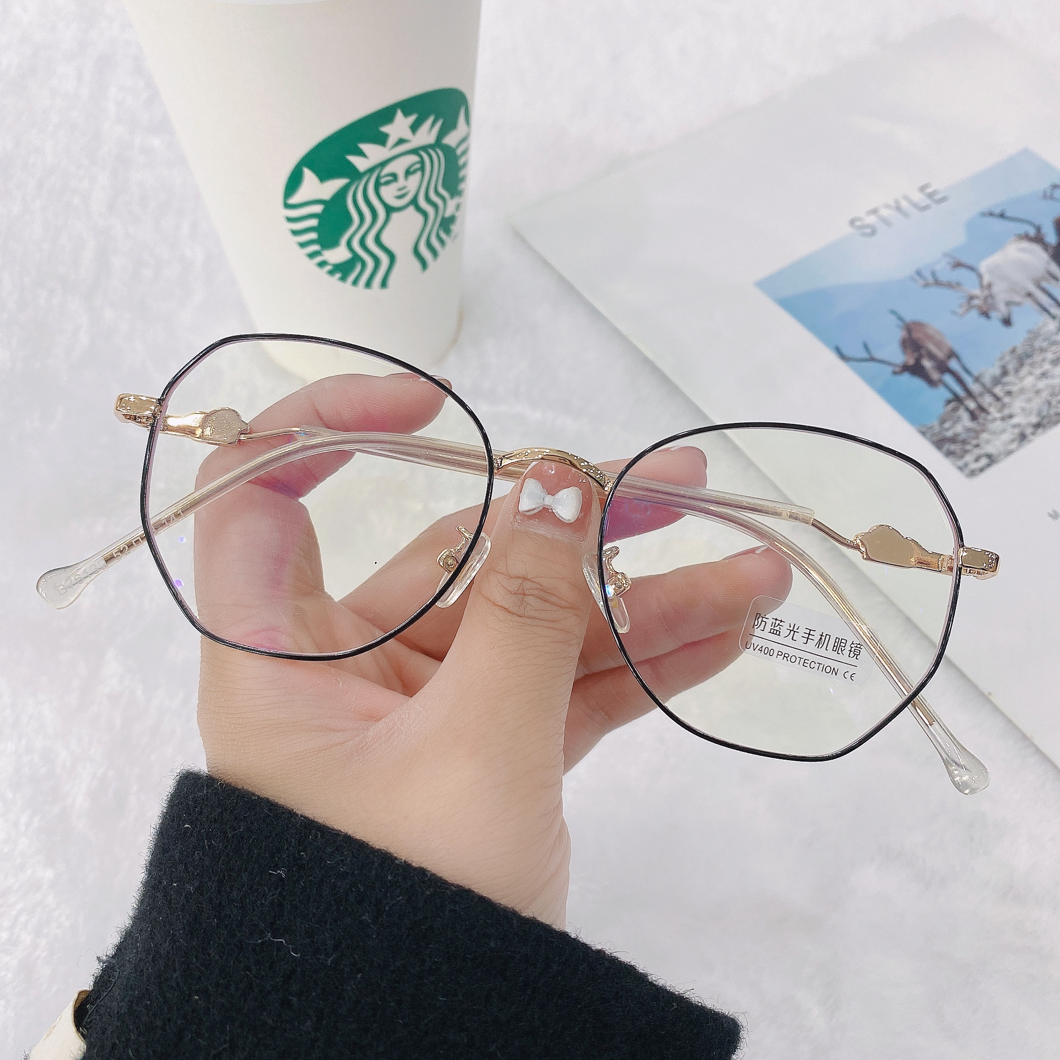 New Xiaohongshu Glasses Frame Korean Polygon Anti-Blue Light Plain Glasses for Bare Face with Myopic Glasses Option Factory Wholesale