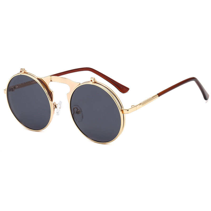 Retro Metal Steampunk Flip Sunglasses Clamshell Sunglasses for Men and Women Trendy Glasses round Frame Prince Glasses