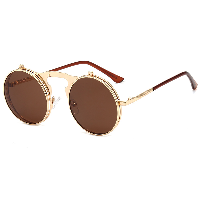 Retro Metal Steampunk Flip Sunglasses Clamshell Sunglasses for Men and Women Trendy Glasses round Frame Prince Glasses