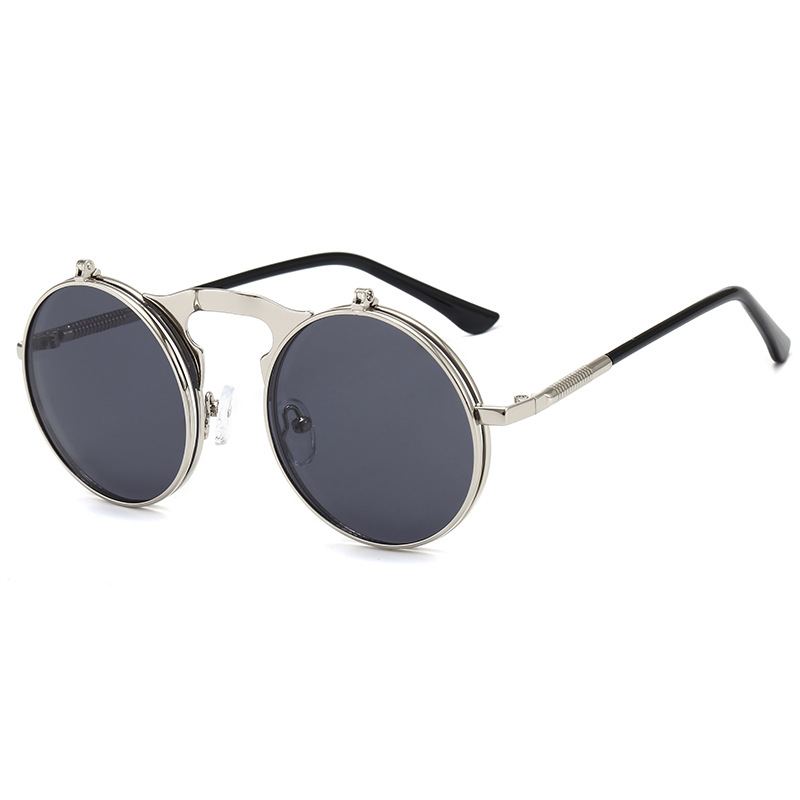 Retro Metal Steampunk Flip Sunglasses Clamshell Sunglasses for Men and Women Trendy Glasses round Frame Prince Glasses