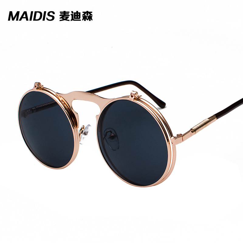 Retro Metal Steampunk Flip Sunglasses Clamshell Sunglasses for Men and Women Trendy Glasses round Frame Prince Glasses