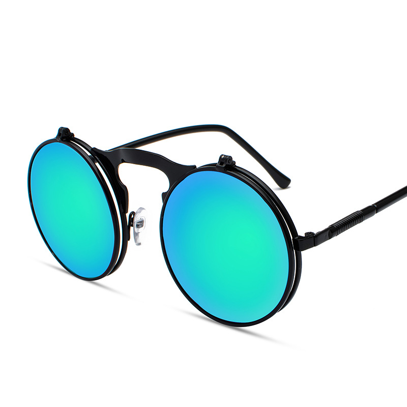 Retro Metal Steampunk Flip Sunglasses Clamshell Sunglasses for Men and Women Trendy Glasses round Frame Prince Glasses