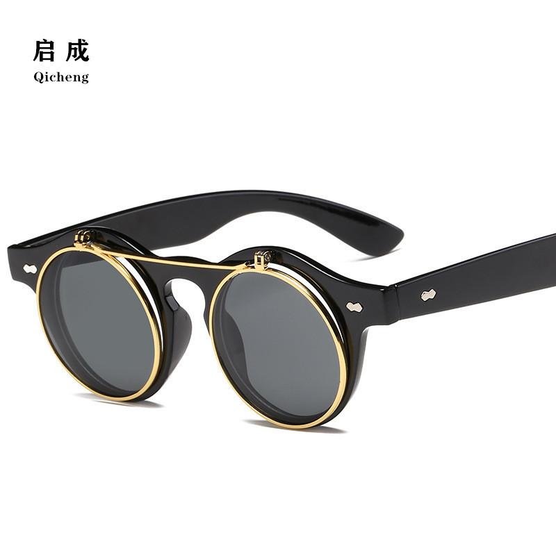 Trendy Brand Sunglasses Women&#039;s Classic Double-Layer Retro Flip Sunglasses Q1026 Punk Steam Sunglasses Flip Glasses