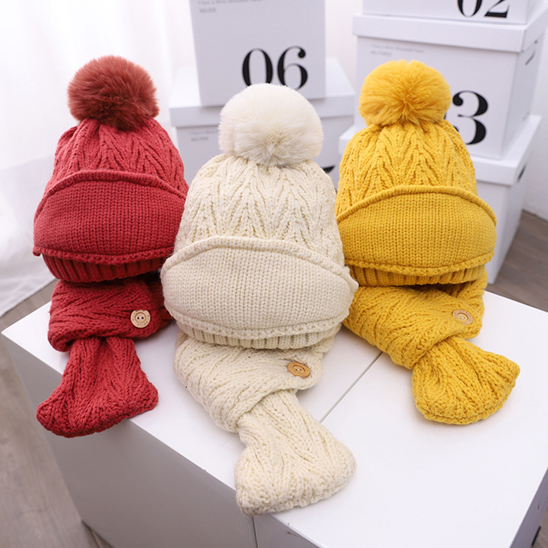 Children&#039;s Hat Winter Fashion Boys Woolen Cap Girls Knitted Hat Simple Hat Scarf Mask Three-Piece Suit Fashion