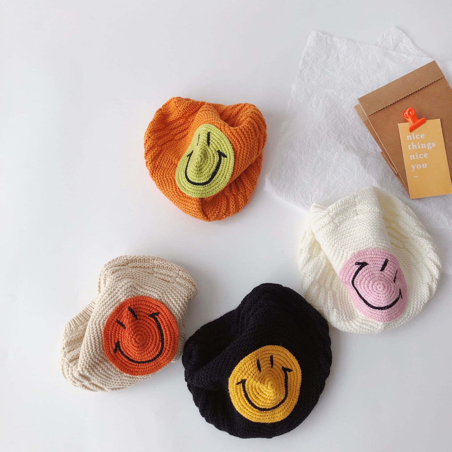Baby Beret Spring and Autumn Baby Hat Thin Knitted Hat Painter Cap Smiley Face Boys and Girls Woolen Cap Winter