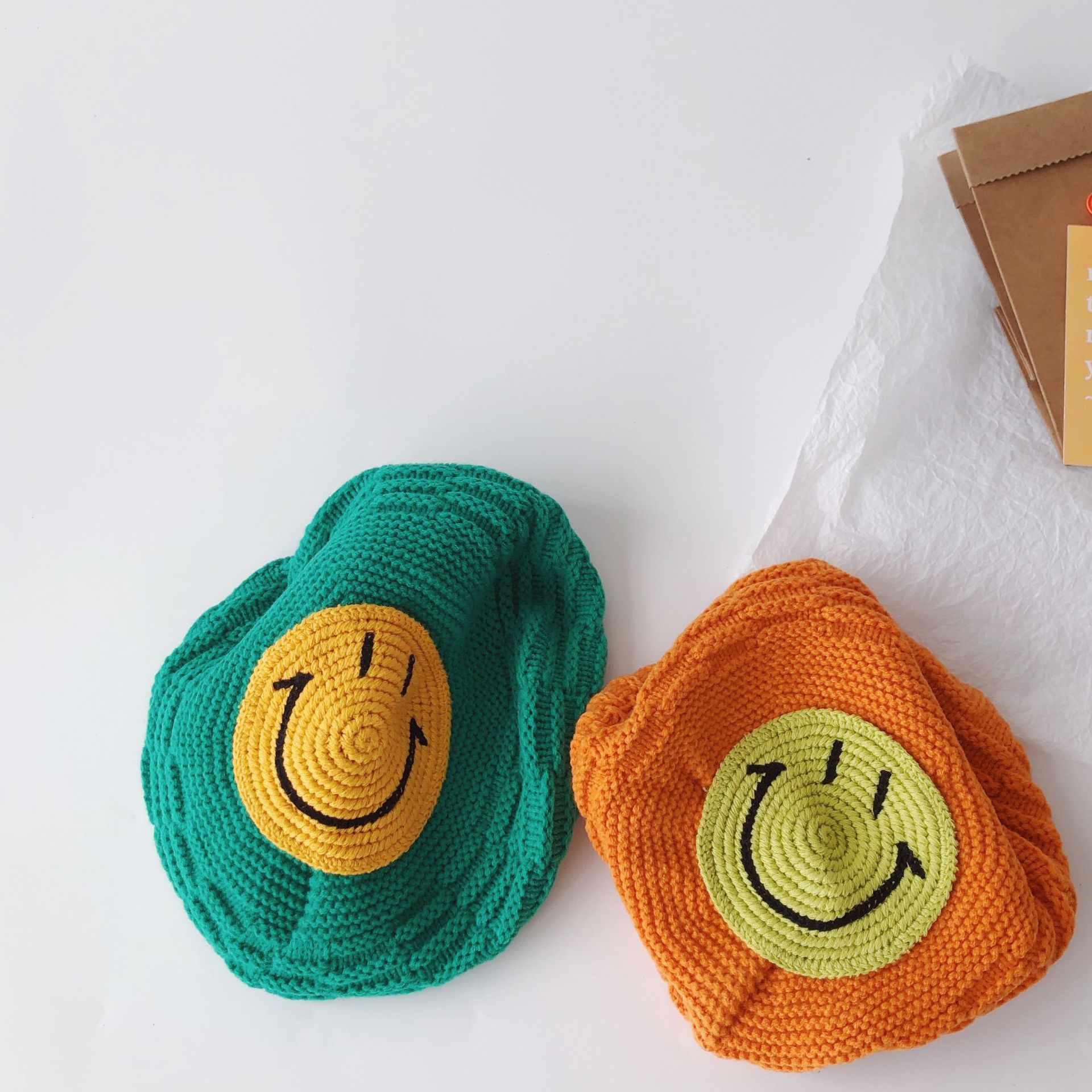 Baby Beret Spring and Autumn Baby Hat Thin Knitted Hat Painter Cap Smiley Face Boys and Girls Woolen Cap Winter