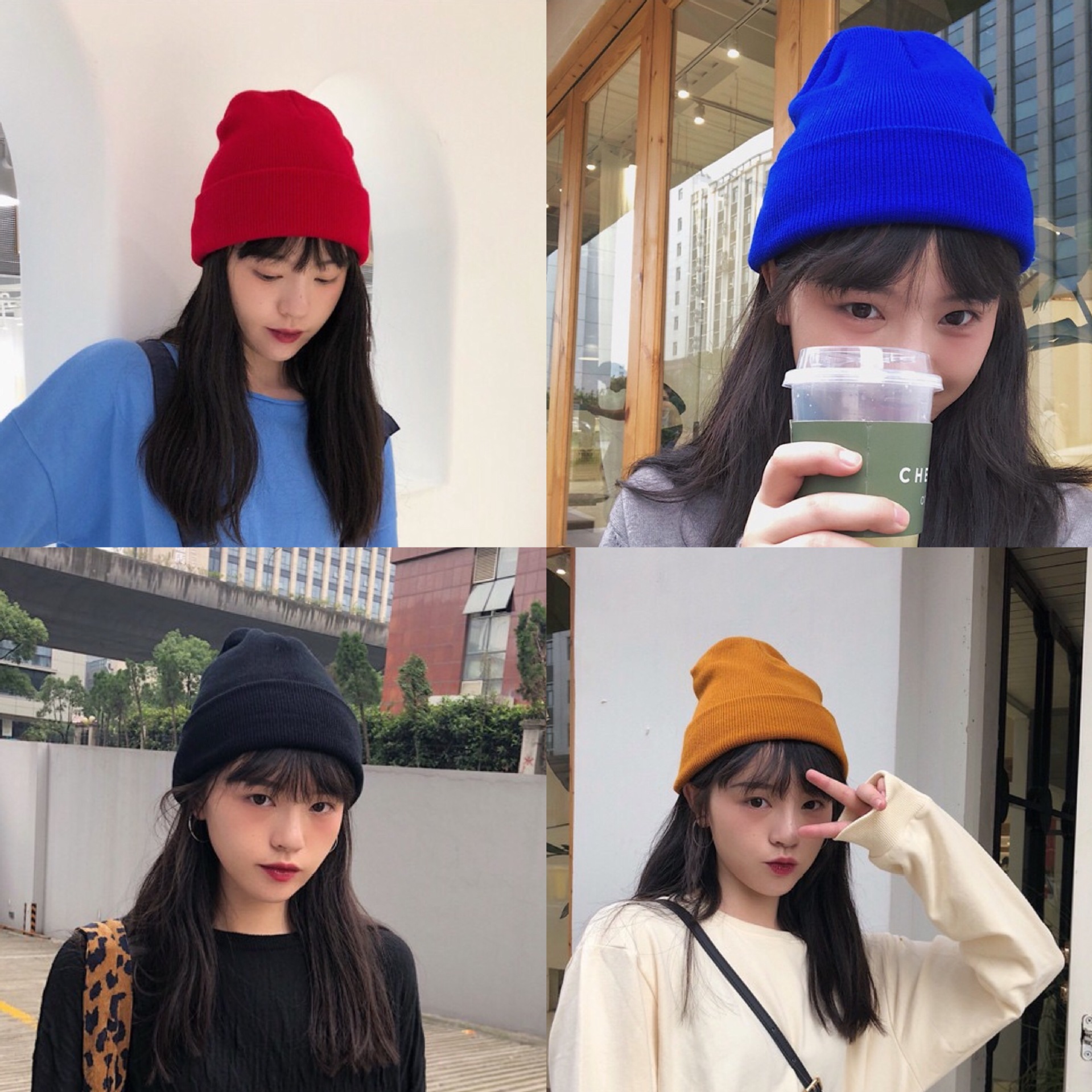 The new knitted hat is pure color double layer knitted cold hat