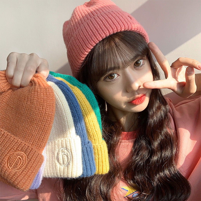 Hat Female Autumn and Winter Simple Letter Woolen Cap Student Couple Outdoor Keep Warm Pullover Knitting Cold Hat Male Fashion