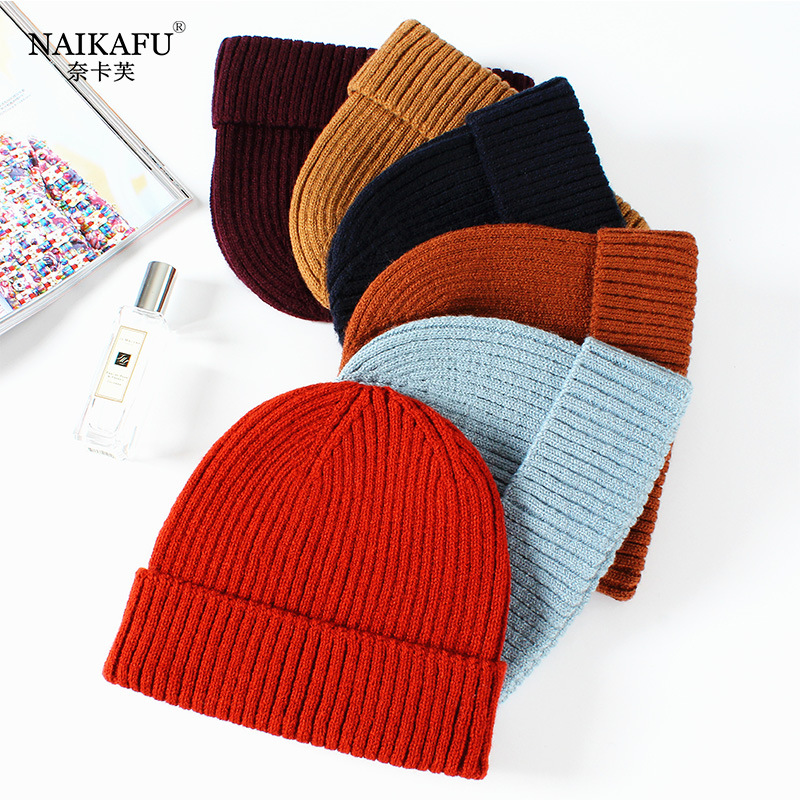 2021 New Autumn and Winter Outdoor Solid Color Pullover Flanging Wool Small Hat Dome Knitted Hat Factory Wholesale Customization