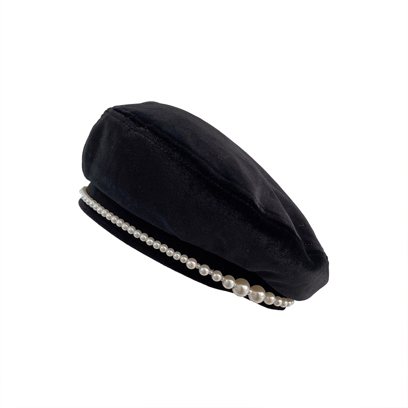 Leisure cap  Pearl Beret Women&#039;s Autumn and Winter All-Match Fashion Painter Cap British Retro Black Velvet Beret