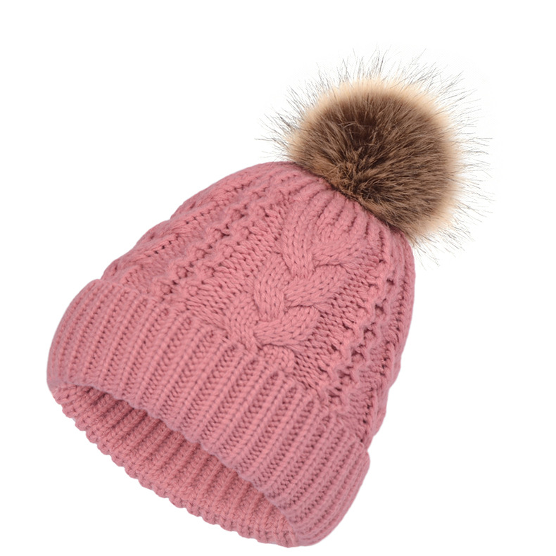 European And American Autumn And Winter New Big Fur Ball Knitted Hat Hemp Pattern Thread Leisure cap