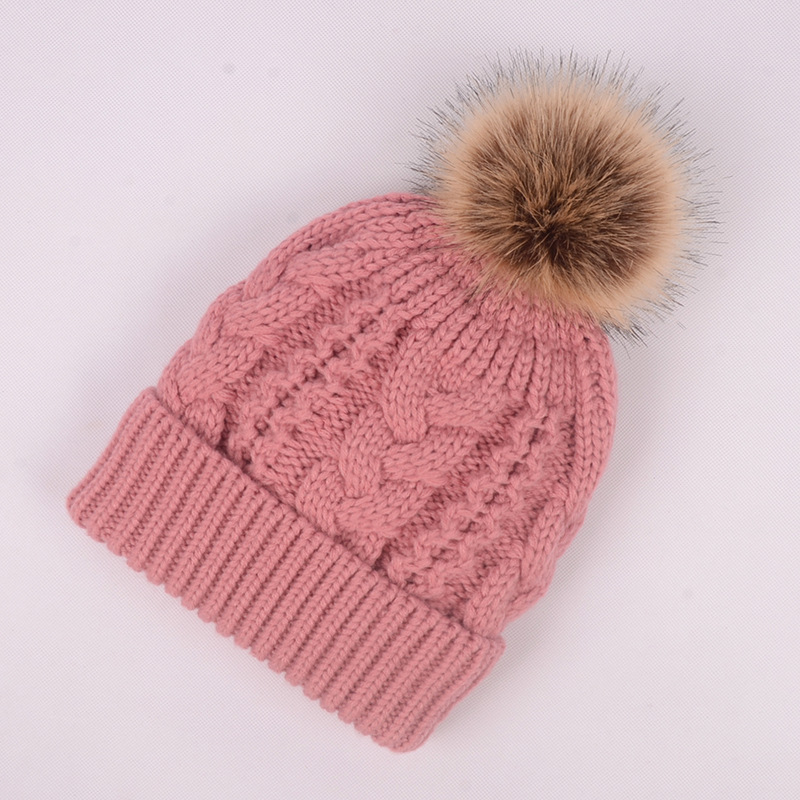 European And American Autumn And Winter New Big Fur Ball Knitted Hat Hemp Pattern Thread Leisure cap
