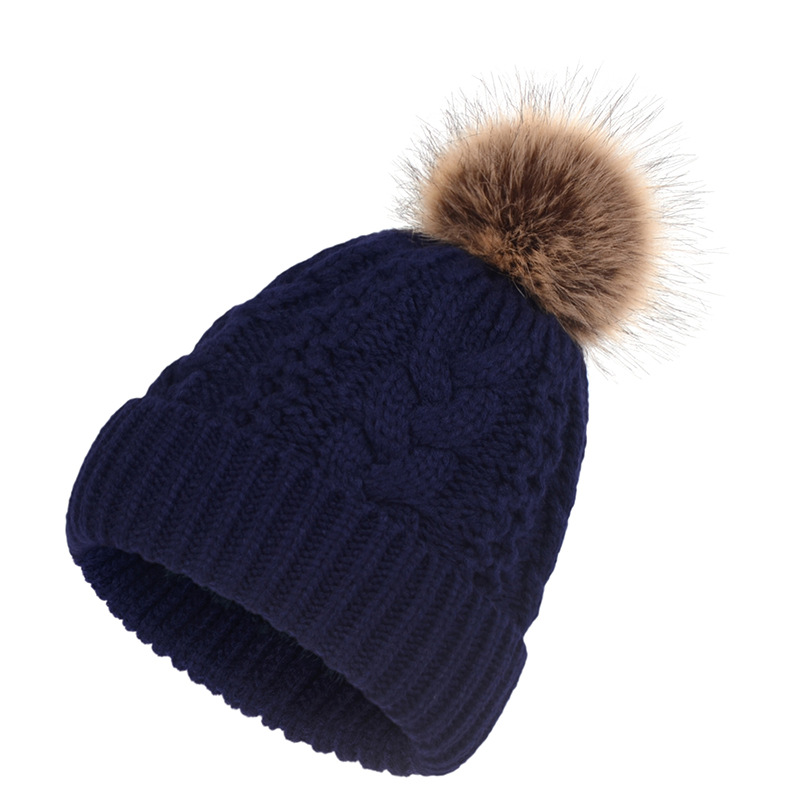 European And American Autumn And Winter New Big Fur Ball Knitted Hat Hemp Pattern Thread Leisure cap