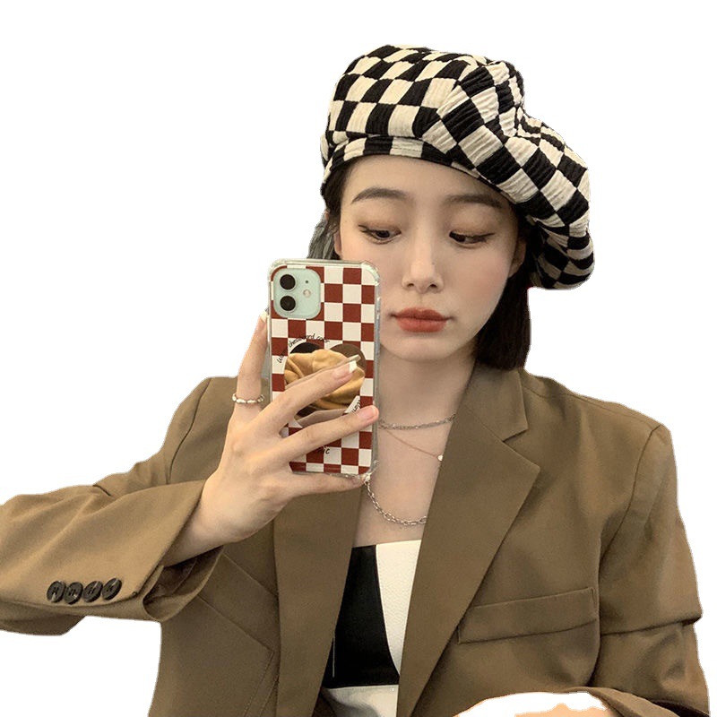 Japanese Chessboard Beret All-Match Internet Famous Hat Cloud Hat Big Head Circumference Fashion Women&#039;s Leisure cap