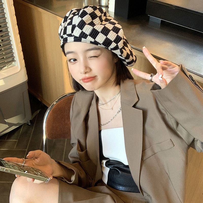 Japanese Chessboard Beret All-Match Internet Famous Hat Cloud Hat Big Head Circumference Fashion Women&#039;s Leisure cap