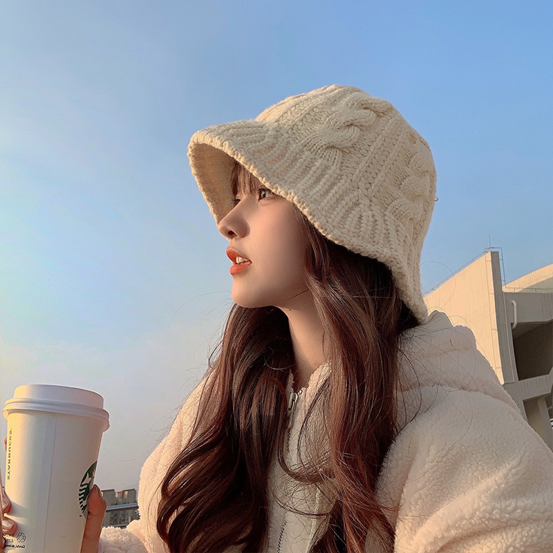 Leisure cap  Handmade Wool Bucket Hat Women&#039;s Autumn and Winter Warm All-Matching White Knitted Fisherman Hat