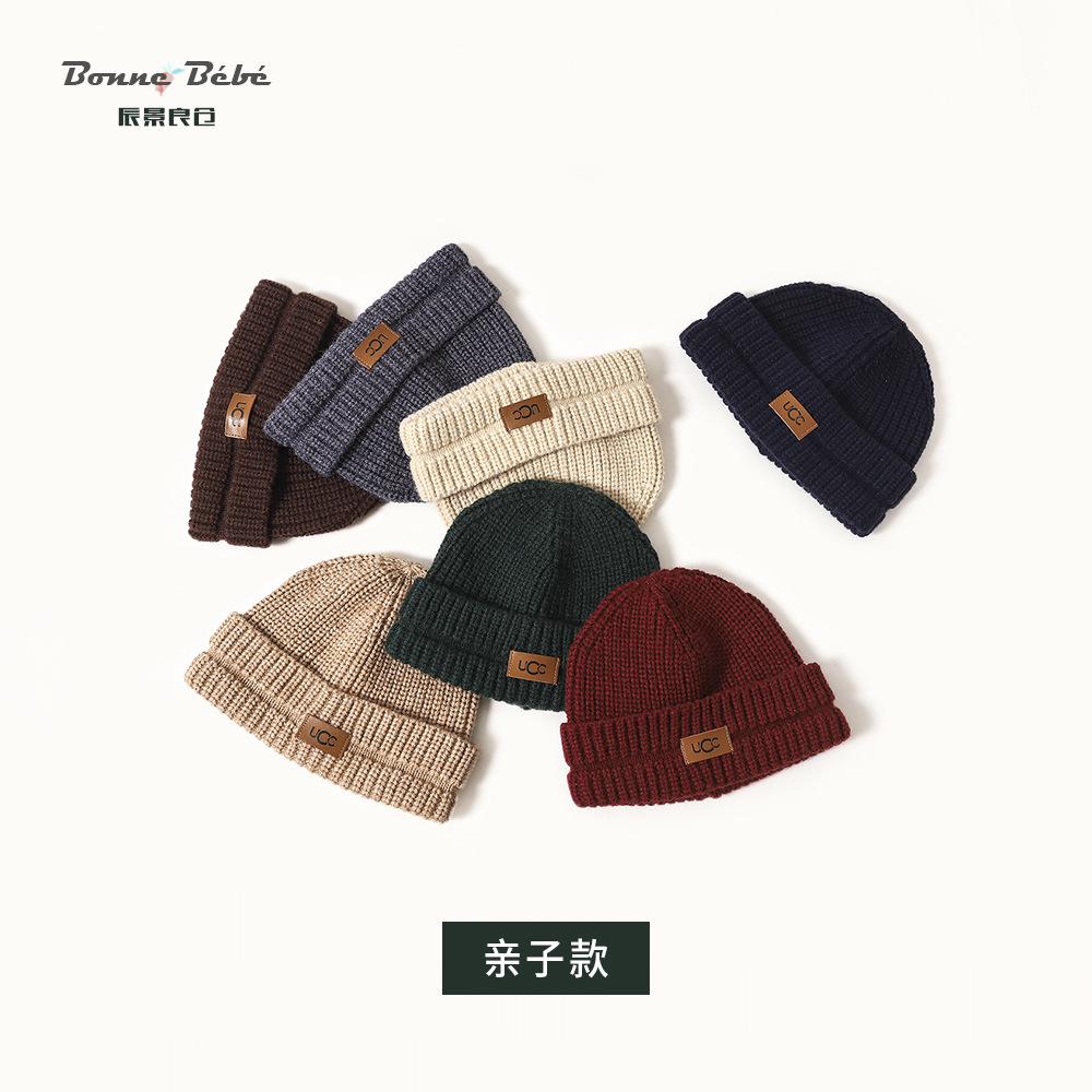 Parent-Child Children&#039;s Knitted Hat Korean Fashion All-Match Solid Color Leather Tag Sleeve Cap Parent-child cap