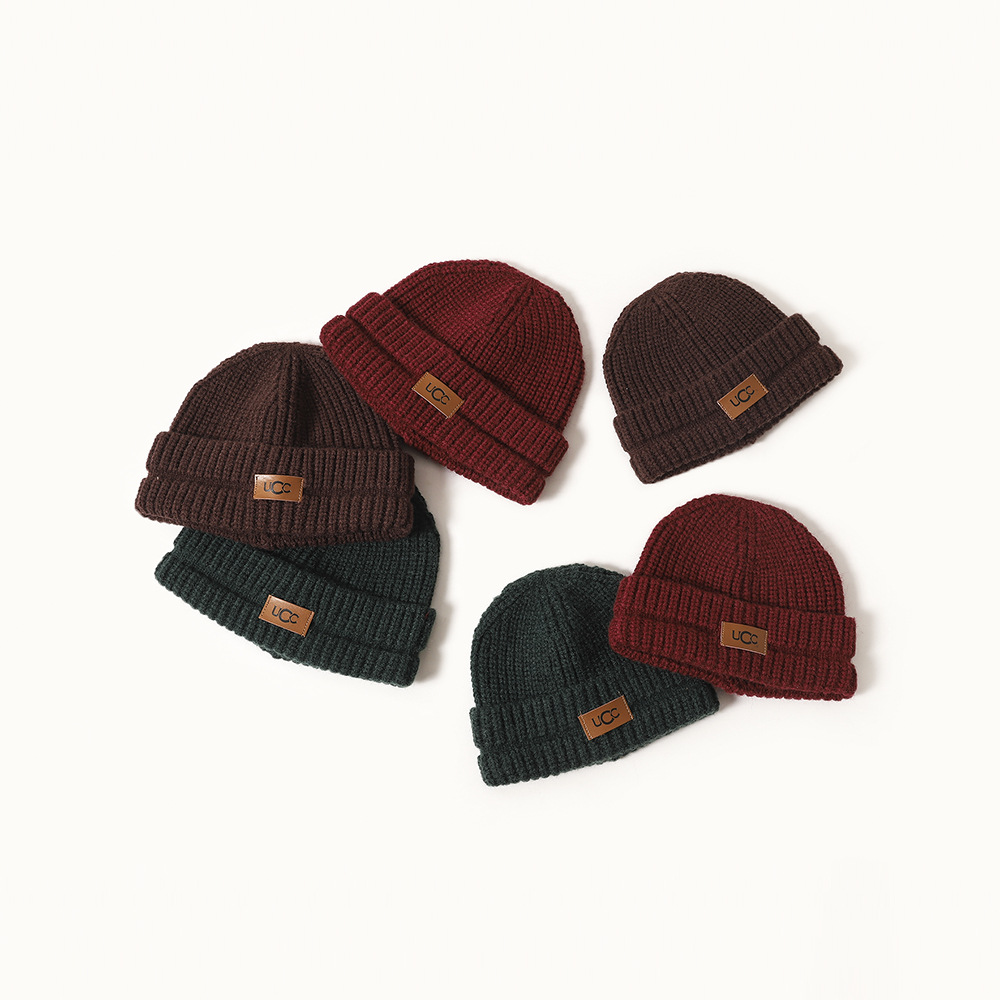 Parent-Child Children&#039;s Knitted Hat Korean Fashion All-Match Solid Color Leather Tag Sleeve Cap Parent-child cap