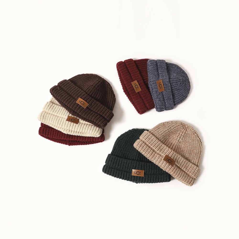 Parent-Child Children&#039;s Knitted Hat Korean Fashion All-Match Solid Color Leather Tag Sleeve Cap Parent-child cap