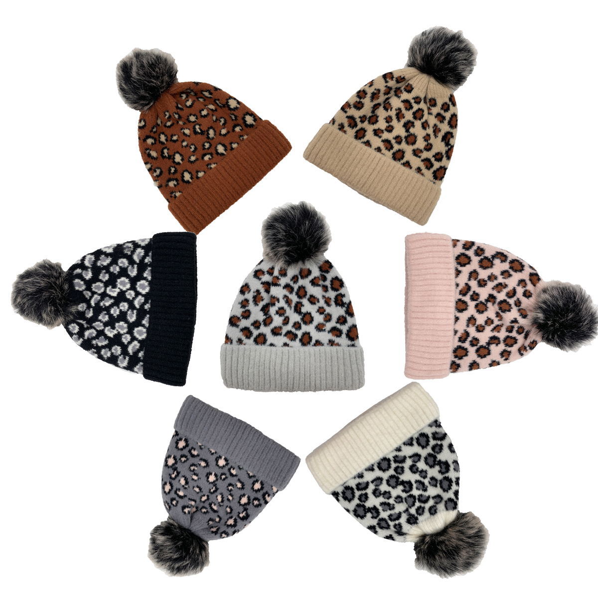 Autumn and Winter Leopard Jacquard Detachable Fluffy Ball Cap Knitted Warm Plush Hat Parent-Child Popular Leopard Print Sleeve Cap