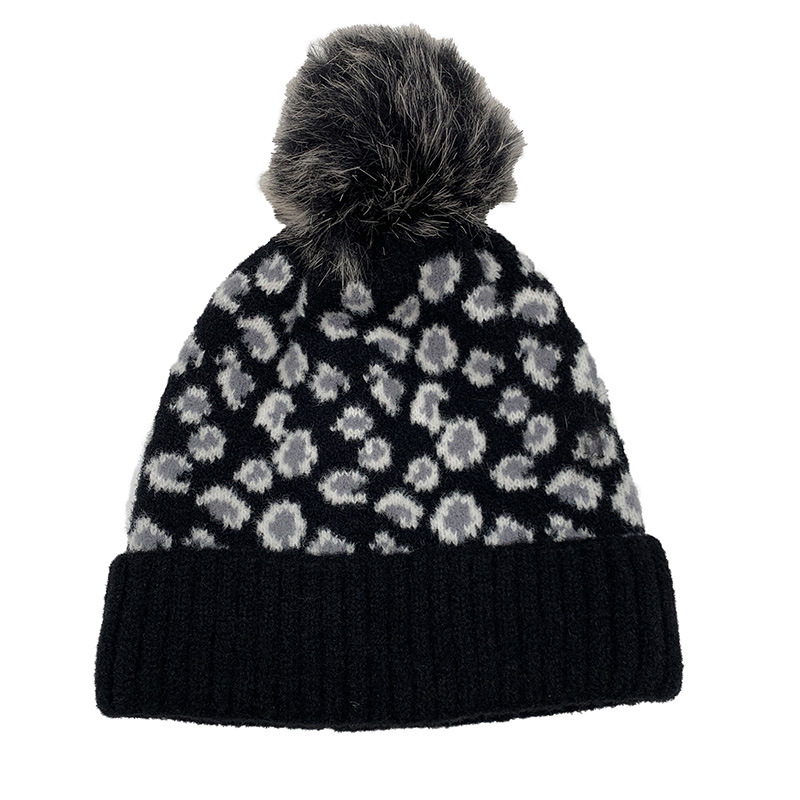 Autumn and Winter Leopard Jacquard Detachable Fluffy Ball Cap Knitted Warm Plush Hat Parent-Child Popular Leopard Print Sleeve Cap