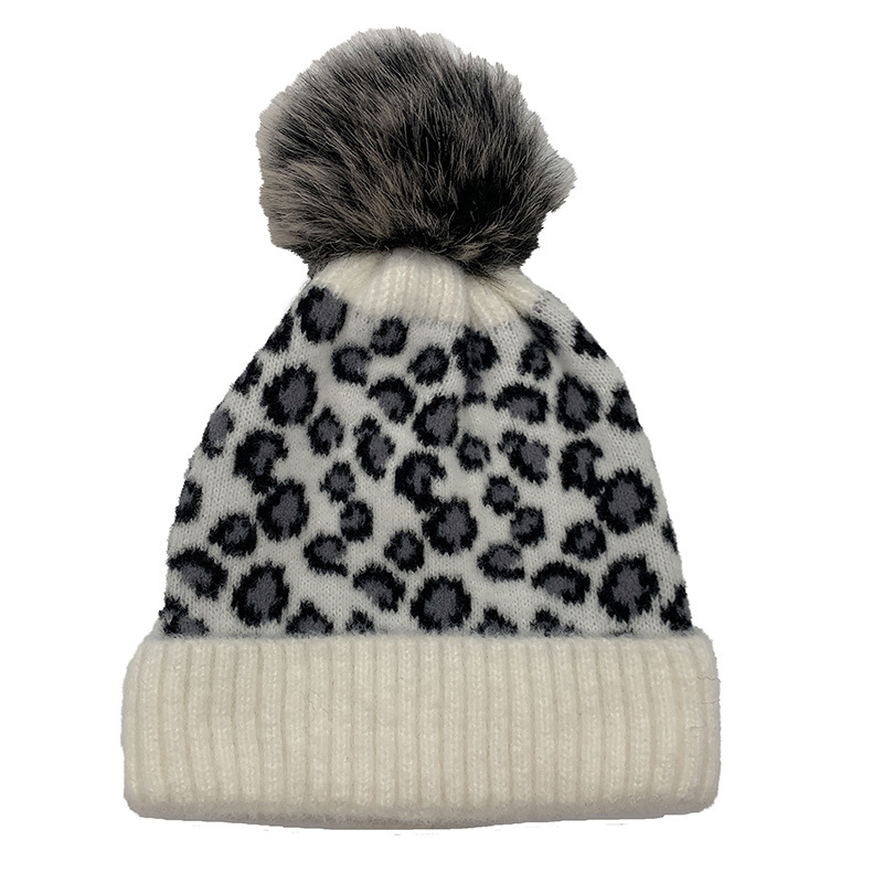 Autumn and Winter Leopard Jacquard Detachable Fluffy Ball Cap Knitted Warm Plush Hat Parent-Child Popular Leopard Print Sleeve Cap