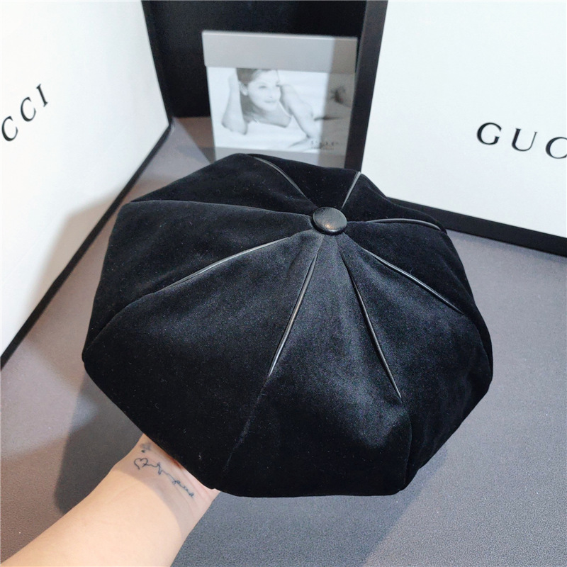 Japanese Style Gold Velvet Artistic Beret Women&#039;s Leather Edging Painter Cap Korean Style Retro Lady Hat