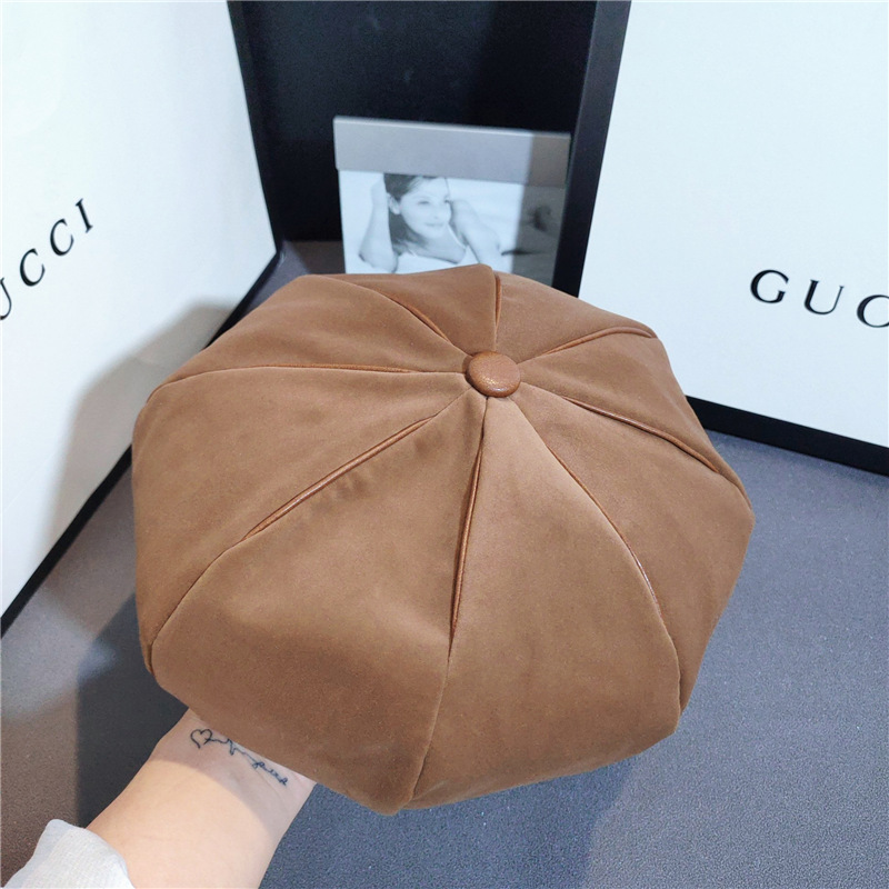 Japanese Style Gold Velvet Artistic Beret Women&#039;s Leather Edging Painter Cap Korean Style Retro Lady Hat