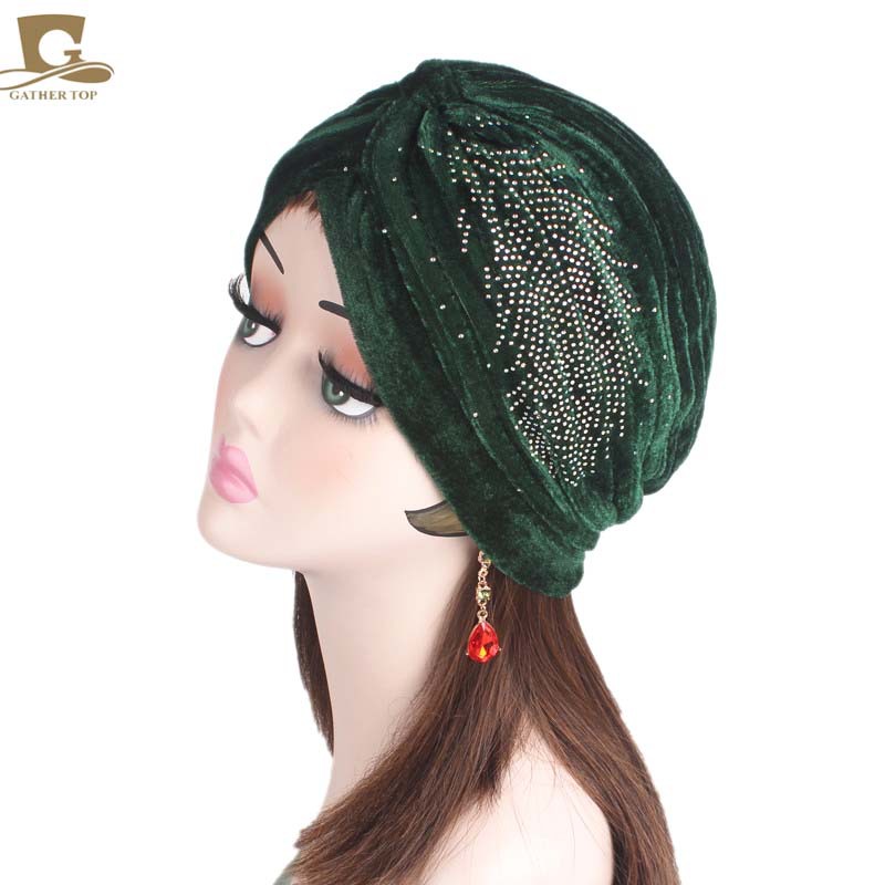 Foreign Trade New Feather Rhinestone Indian Hat Lady Noble Retro Gold Velvet Tam-O&#039;-Shanter TJM-21C