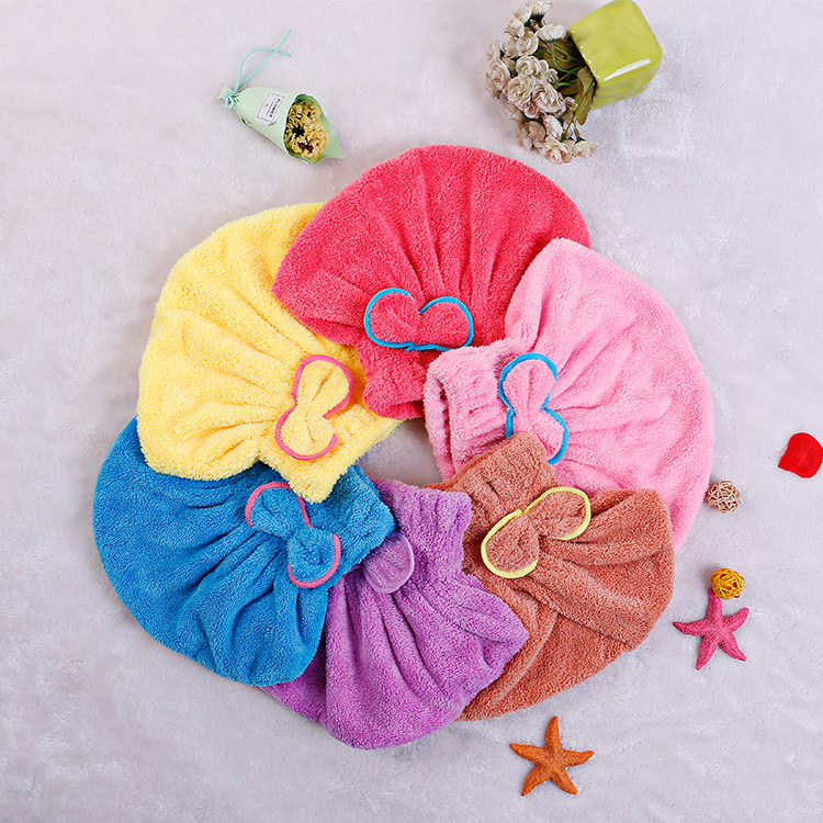 Coral Velvet Bath cap microfiber Absorbent dry hair Cap Adult lovely bow dry hair Cap wholesale