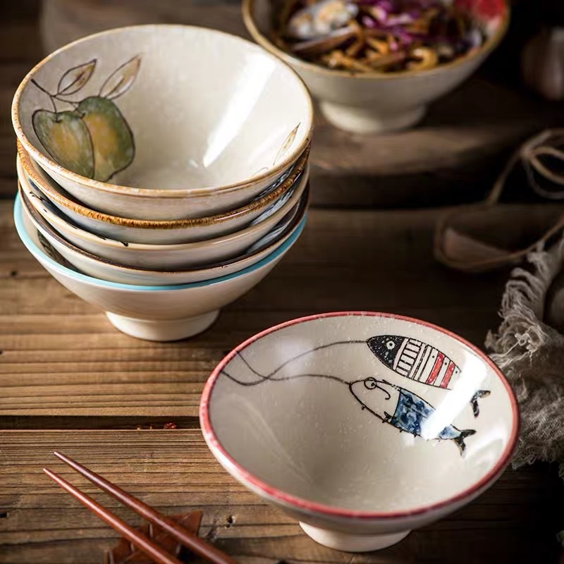 ceramic underglaze color handpainted 5 inch tall bamboo hat bowl dessert bowl household rice bowl small soup bowl