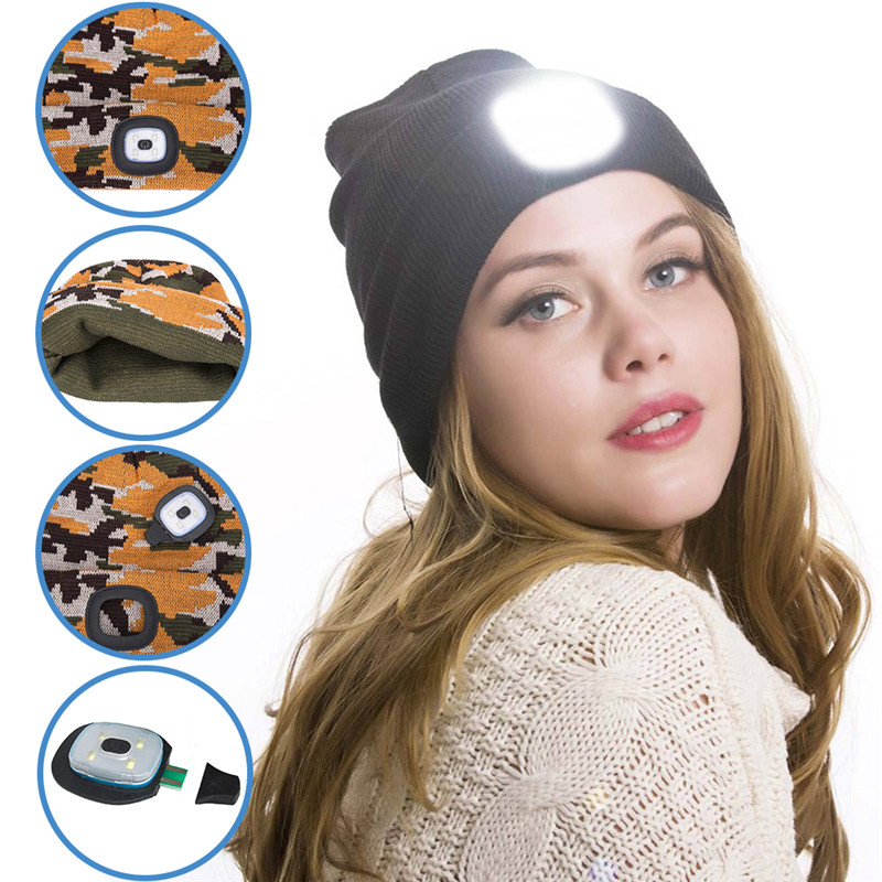 USB Rechargeable Light Cap Led Knitted Hat Cap Rechargeable LED Light-Emitting Hat Led Woolen Cap