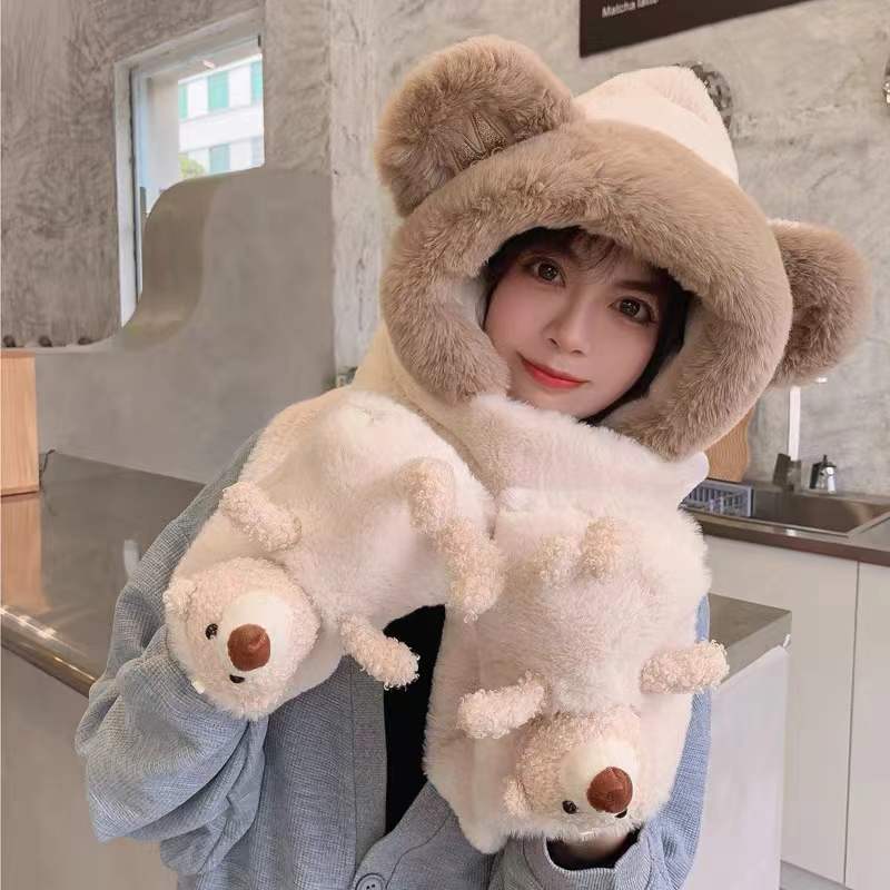 Winter Cute Bear Plush Hat Scarf Integrated Girls&#039; Ear Protection Autumn and Winter All-Matching Cycling Thermal Three-Piece Suit